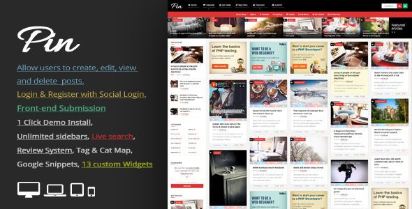 Pin v6.0 – Pinterest Style Personal Masonry Blog Front-end Submission Download