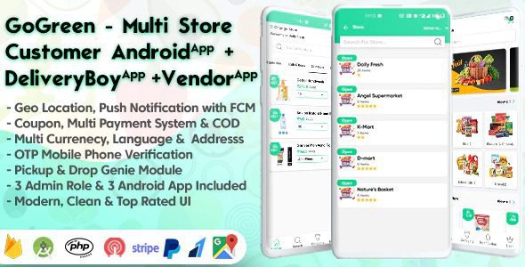 GoGreen Food, Grocery, Pharmacy Multi Store(Vendor) Android 应用程序与交互式管理面板无效