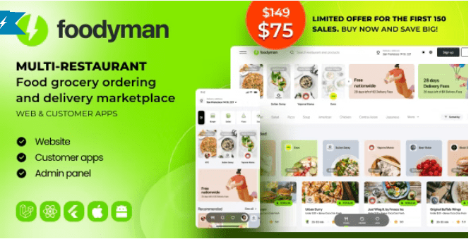 Foodyman v2023-10 – Multi-Restaurant Food and Grocery Ordering and Delivery Marketplace (Web & Customer Apps)