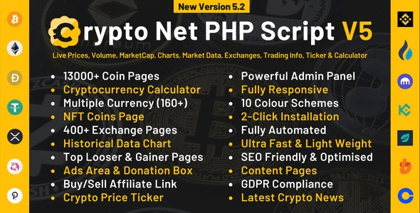 Crypto Net v5.4 CoinMarketCap, Prices, Chart, Exchanges, Crypto Tracker, Calculator & Ticker PHP Script