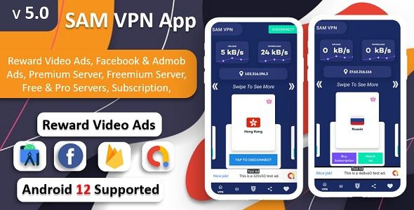 SAM VPN App (v6.0) Secure VPN and Fast Servers VPN | Reward Video Ads | Subscription | Admob & FB Ads