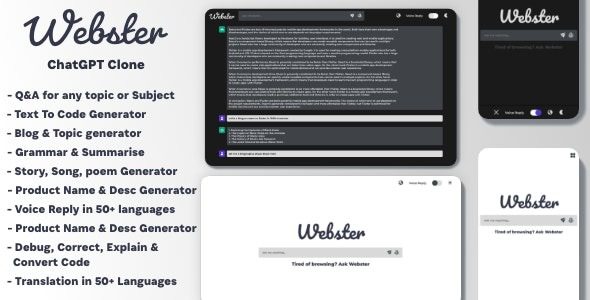 Ai Webster (v1.0.0) ChatGPT 4 & 3.5 Clone Ai Image Ai Content Generators Ai Chatbots Code Q&A Grammar SEO