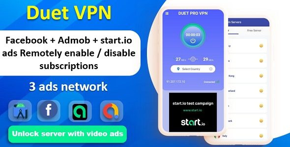 Duet Pro VPN App (v8.0) Secure VPN App & Fast VPN | Subscription | StartApp Ads | Facebook & Admob Ads