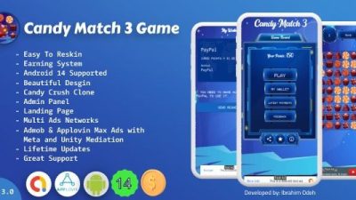 v1.3.0 Candy Match 3 Game with Earning System and Admin Panel + Landing Page