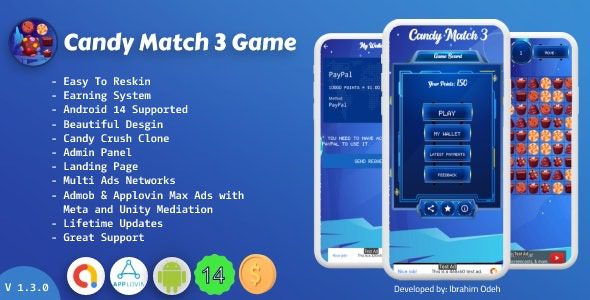 v1.3.0 Candy Match 3 Game with Earning System and Admin Panel + Landing Page