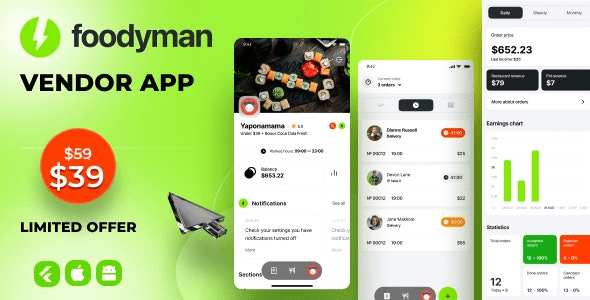 Foodyman Multi – Restaurant (and Grocery) Vendor App (iOS&Android) v2023-4