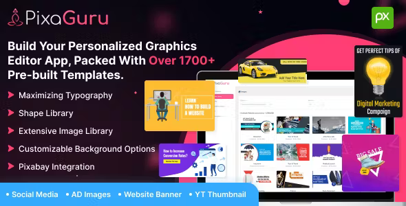 PixaGuru v.1.9.0 SAAS Platform to Create Graphics, Images, Social Media Posts, Ads, Banners, & Stories
