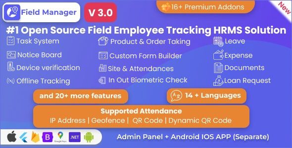 Field Manager v3.0.0 Employees Realtime & Offline Tracking, Tasks, Product Order, IP, QR, Geofence HRMS