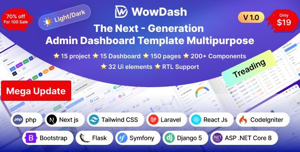 WowDash v1.0 - Tailwind, Bootstrap, React, Next, Node JS, Django, Php, Laravel ASP.net Admin Dashboard